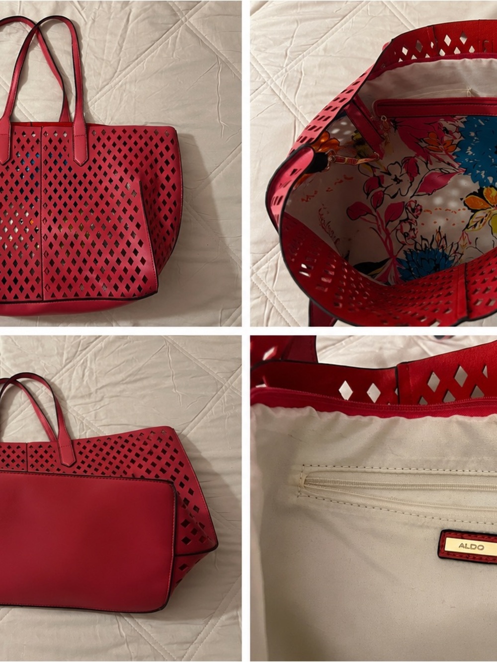 ALDO Red Laser-Cut Tote with Floral Interior